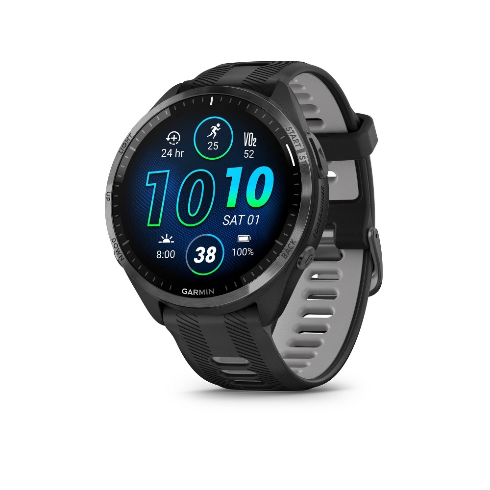 Garmin Forerunner 965 Smartwatch Carbon Gray DLC Titanium Bezel with Black Case and Black/Powder Gray Silicone Band