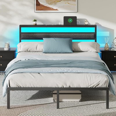 Queen size Bed Frame with Led Lights and Charging Station Frame with Headboard and Under Bed Storage Black Metal Platform Bedframe and Storage Shelf