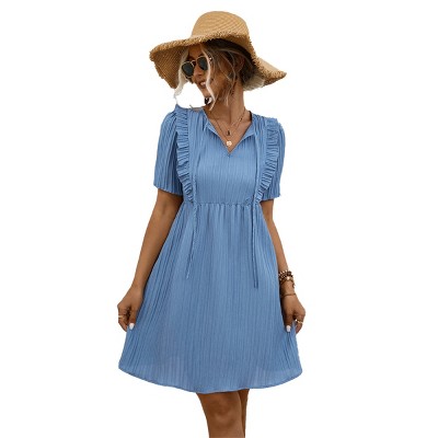 Women Short Sleeve Ruffle Mini Dress Smocked High Waist Pleated Dress V Neck Textured Dress Front Tie Detail Dress Summer Casual Dress