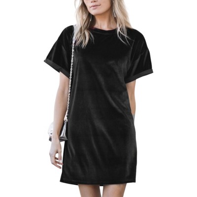 Amaryllis Women's Short Sleeve Velvet Shift Dress with Rolled Cuffs and Round Neckline for Effortless Chic and Comfortable