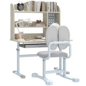 Qaba Kids Desk and Chair Set, Height Adjustable Children Study Desk for Kids with Tiltable Desktop, Hutch and Storage Drawer for Ages 3-12, Gray - 1 of 4