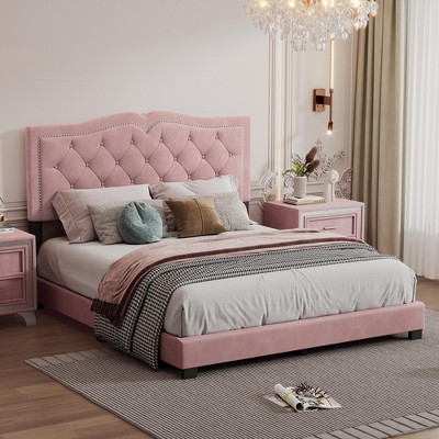 KTMBDW Platform Bed Frame with Tufted Upholstered Headboard and Rivet Design, Wooden Slats Support, No Box Spring Needed