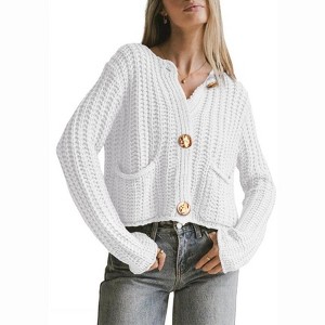 Coolmee Womens Cropped Cardigan Sweaters Chunky Knit Button Down Open Front Cardigan Long Sleeve Loose Cardigan Outerwear - 1 of 4
