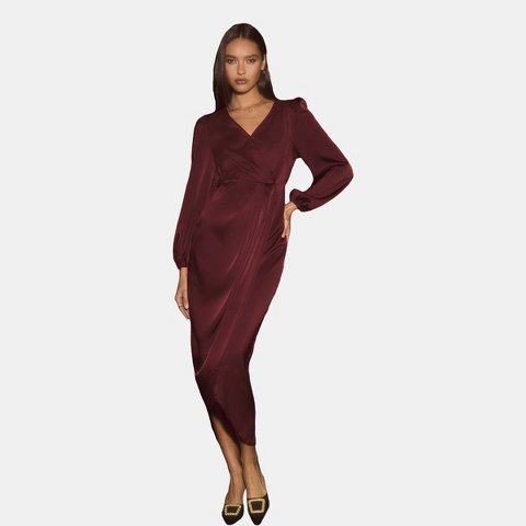 Женские платья Cupshe Women's Elegant Satin Surplice Draped Tulip Hem Midi Dress-M-Red