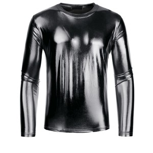 INSPIRE CHIC Men's Round Neck Long Sleeves Shining Disco Metallic T-Shirt - 1 of 4
