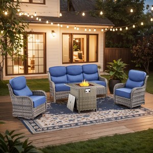 4 Piece Patio Furniture Set with Fire Pit Table, 2 x Swivel Rocker Chair, 1 x 3-Seat Sofa, 5 Seats Outdoor Conversation Set for Lawn Garden Backyard - 1 of 4