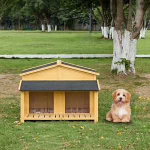 DSVIMOY Dog House, Wooden Outdoor and Indoor Dog House with Porch,Elevated Floor,Asphalt Roof, 2 Doors, Natural, 47"*42"*33" - 1 of 4