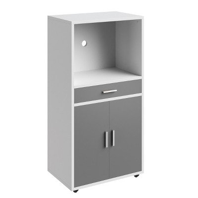 White and Gray Wood Microwave Stand with Storage and Wheels