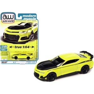 2019 Chevrolet Camaro Nickey ZL1 1LE Shock Yellow w/Matt Black Hood & Stripes 14670 pcs 1/64 Diecast Model Car by Auto World - 1 of 3