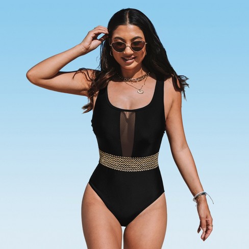 Women's Mesh Tummy Control Slimming One Piece Swimsuit - Cupshe-XS-Black