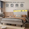 Bed Frame with USB Charging Station & LED Lights, LED Platform Bed with 2-Tier Upholstered Storage Headboard, Sturdy Wood Support, - 3 of 4