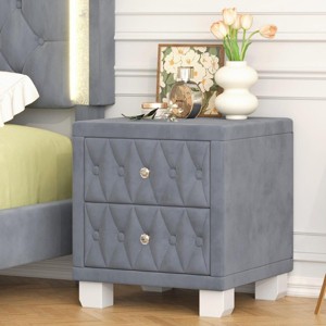 INFURNIC Nightstands Elegant Velvet Nightstand with 2 Drawers Crystal Handles and Button-Tufted Design for Bedroom, Grey, 18.1"*18.1"*20" - 1 of 4