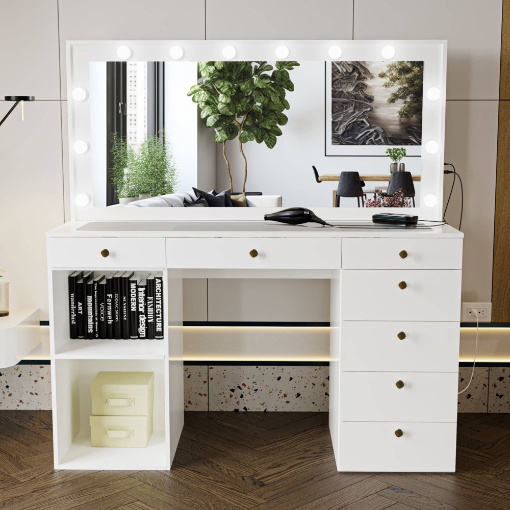 Photos - Bedroom Set Flavia Lighted with Knobs Makeup Vanity White/Gold - Boahaus