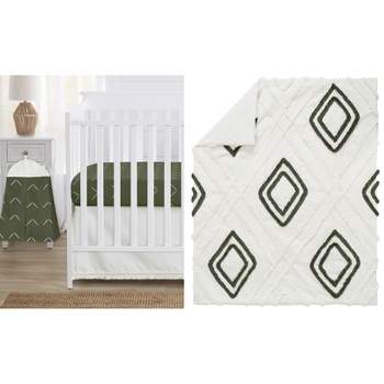 Sweet Jojo Designs Gender Neutral Unisex Baby Crib Bedding Set - Diamond Tuft Hunter Green Ivory Off White 4pc