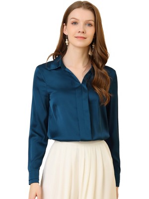 INSPIRE CHIC Women's Elegant V Neck Long Sleeve Office Work Satin Shirt