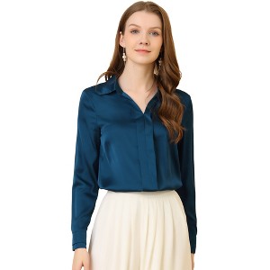 INSPIRE CHIC Women's Elegant V Neck Long Sleeve Office Work Satin Shirt - 1 of 4