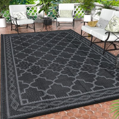 Reversible Plastic Straw Rug - Waterproof Outdoor Mat, Geometric Design for Patio, RV, Camping, Picnic - Indoor/Outdoor Use