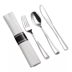 Smarty Had A Party Silver Plastic Cutlery in White Napkin Rolls Set - 10 Napkins, 10 Forks, 10 Knives, 10 Spoons and 10 Paper Rings (100 Guests)