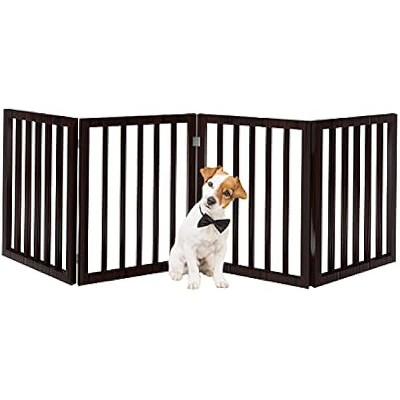 PETMAKER Pet Gate ¨C Dog Gate for Doorways, Stairs or House ¨C Freestanding, Folding, Accordion Style, MDF Wooden Indoor Dog Fence (4 Panel, Brown)