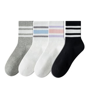 Anna-Kaci Crew Socks 4-Pack White Base Colorful Ribbed Cuff Striped Design Stretch Comfort Breathable Fit - 1 of 4