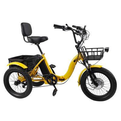 Topteng Folding Electric Trike, 3 Wheel Bicycle with Wide Seat, Blue/Yellow