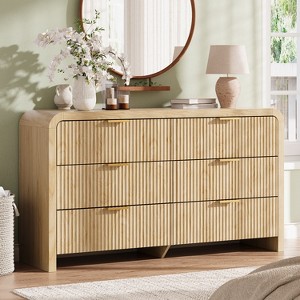 Angel Sar 55" Boho Dresser with Arched Top, 6-Drawer Fluted Wood Storage with Gold Handles, Natural Wave Pattern Bedroom Organizer - 1 of 4