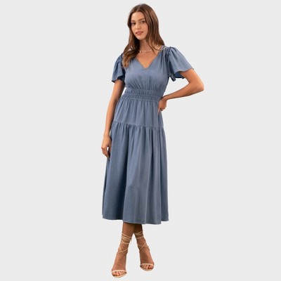 August Sky Women's V-neck Flounce Sleeves Midi Dress