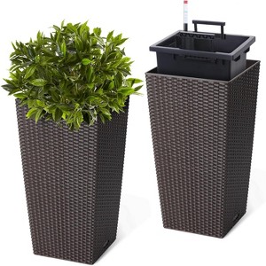 22.5 Inch Outdoor and Indoor Tall Planter Set of 2 Large Rattan Flower Pot with 2 Trays - 1 of 4