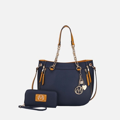 MKF Collection Lina Vegan Leather Shoulder Bag and Wallet by Mia K - Navy Mustard