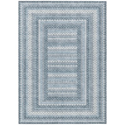 Denim Blue And Ivory Geometric Washable Indoor Outdoor Area Rug