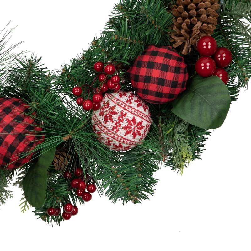 Northlight Red Bow and Mixed Foliage Artificial Christmas Wreath with Ornaments, 30-Inch, 3 of 6