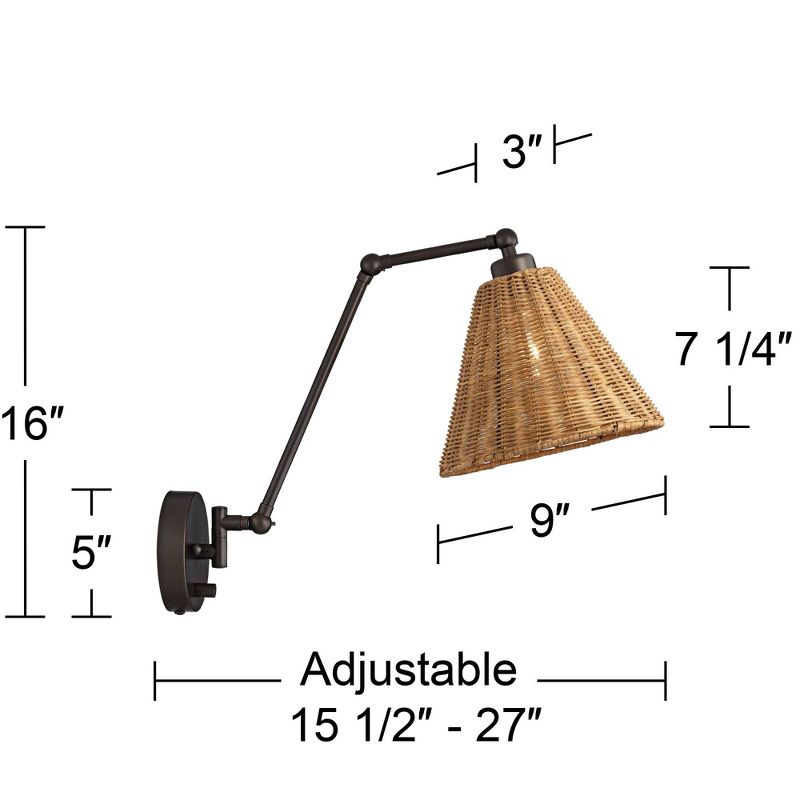Barnes and Ivy Rowlett Wall Lamp Bronze Plug-in 3" Light Fixture Swing Arm Adjustable Natural Rattan Shade for Bedroom Reading Living Room House, 4 of 10