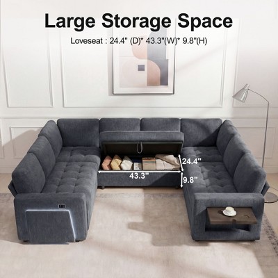 Large storage space with dimensions for the sofa's lift-up storage and middle console
