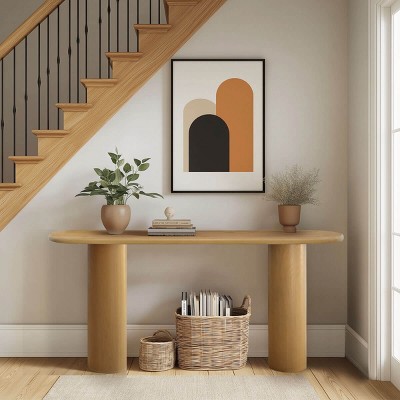 60" Narrow Console Table,Modern Wood Console Table With Double Pedstal,Grain Paper Console Table for Entryway,Living Room-Tanpinhause