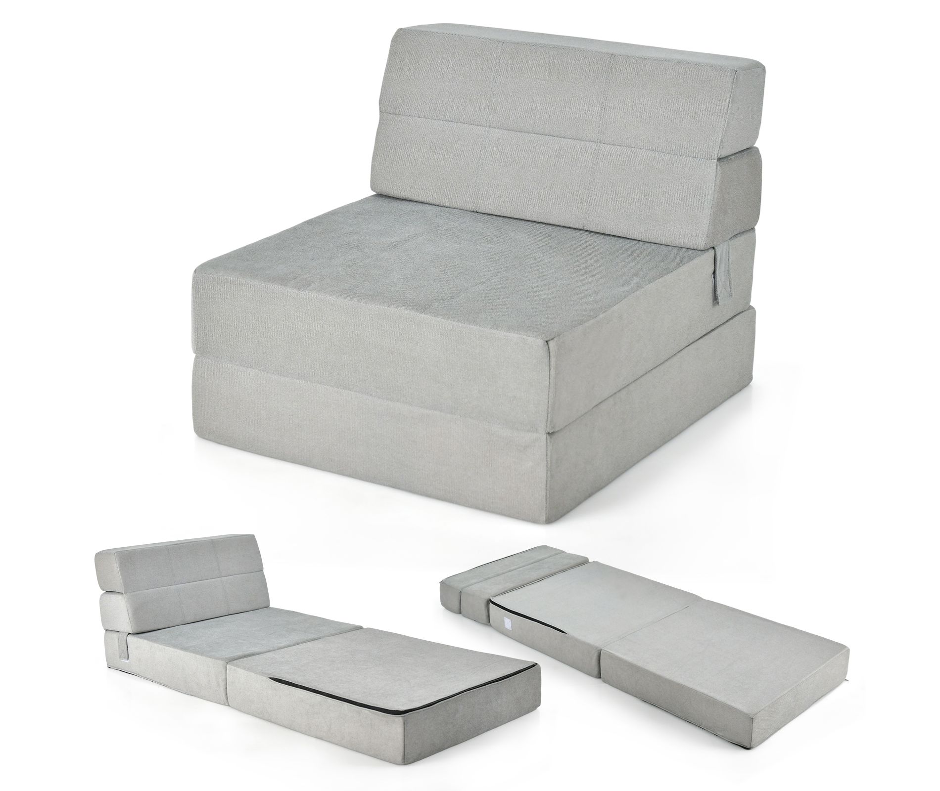Costway Tri-Fold Fold Down Chair Flip Out Lounger Convertible Sleeper Bed Couch Dorm Grey