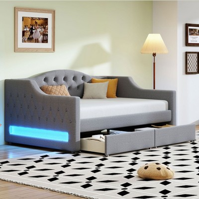 CAVINAS Twin/Full Size Pine Wood Linen Upholstered Daybed Bed Frame with LED Belt & Trundle,No Box Spring Needed