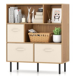 Costway 6-Cube Bookshelf with 3 Removable Folding Fabric Drawers Metal Legs for Living Room Natural/White - 1 of 4