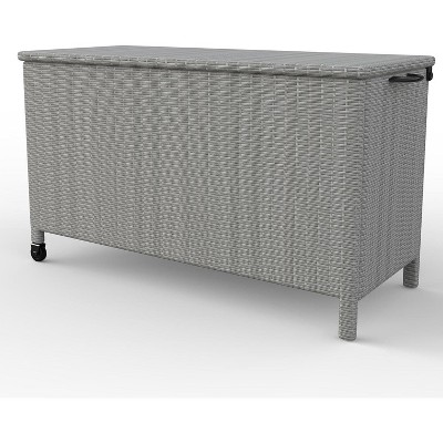 150 Gallon Large Deck Box, Built-In Handles Patio Storage Box for Storage With 2 Wheels & Metal Support Frame