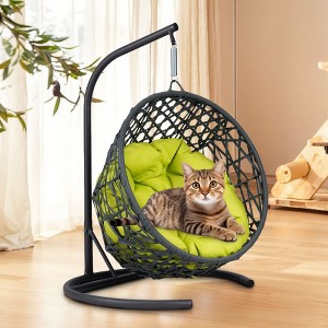 Cat Swing Bed with Stand & Cushion, Cat Egg Chair with Rattan Wicker Appearance, Indoor Hanging Swinging Cat Bed for Cats - 1 of 4