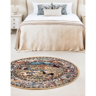Round Tan and Blue Synthetic Stain-Resistant Area Rug