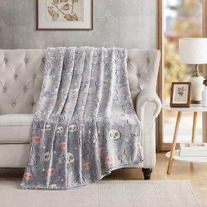 Kate Aurora Halloween Glow In The Dark Spooky Cats & Skulls Ultra Soft & Plush Oversized Throw Blanket - 50 in. W x 70 in. L - 1 of 3