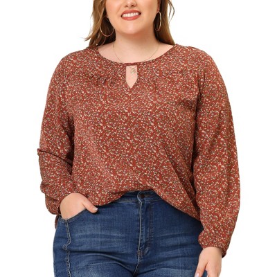 Agnes Orinda Women's Plus Size Chiffon Keyhole Long Sleeve Floral