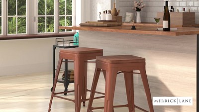 Rustic Purple 24" Backless Metal Dining Stool with Wooden Seat