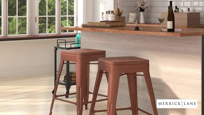 Merrick Lane Backless Metal Dining Stool with Wooden Seat for Indoor Use, 2 of 5, play video