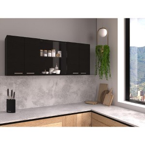 Wall Cabinet 24" H, four Doors, with two internal Shelves and internal plate and glass organizer, two Storage Shelves with two glass Doors, Black - 1 of 4