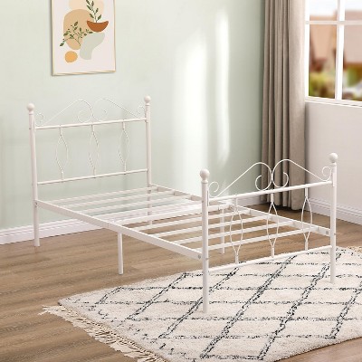 FurnitureR Twin Size Metal Bed Frame with Headboard and Footboard, Steel Slats Support, Noise-Free, Underbed Storage, White