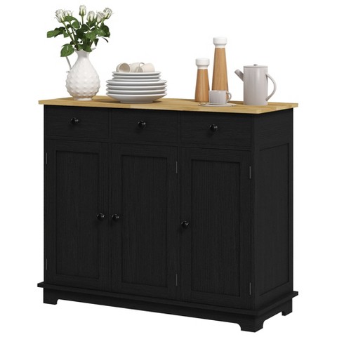 Homcom Kitchen Storage Cabinet, Sideboard Floor Cupboard with Solid Wood Top, Adjustable Shelf, and 3 Drawers for Living Room, Distressed Black