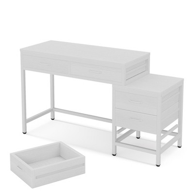 Vynxaria 51” Rustic Computer Desk, 51.18” Wide, Reversible 3 Drawer File Cabinet and 2 Integrated Drawers, White Wood Grain/Metal