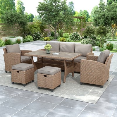 Chic Crate-Rustic Outdoor Wicker Set – 6-Piece Patio Furniture w/ Rattan Sofa, Chairs & Table | Natural Finish | Multi-Room