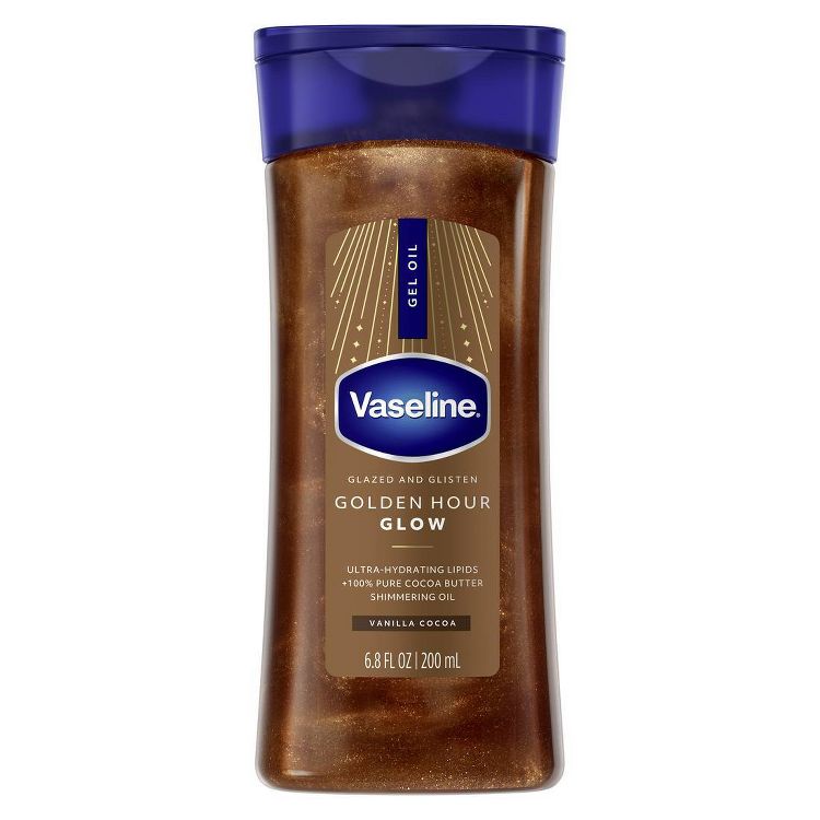 Vaseline Golden Hour Glow Gel Oil, 6.8 fl oz. Shimmery brown gel with a blue cap, offers ultra-hydration with pure cocoa butter.